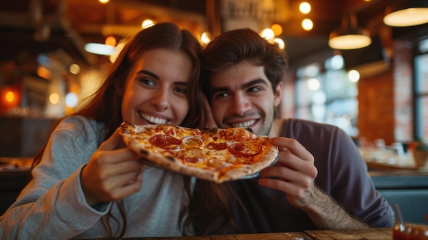 Foto están comiendo una pizza deliciosa.