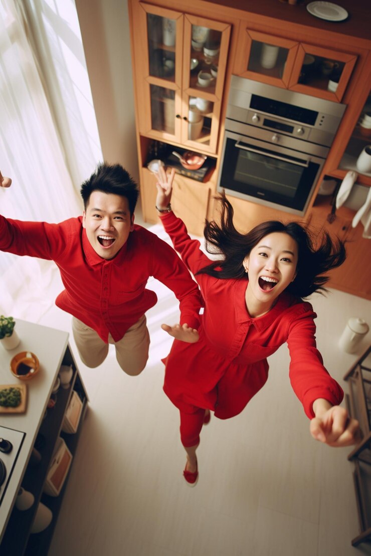 están saltando en el aire en la cocina juntos generativo ai
