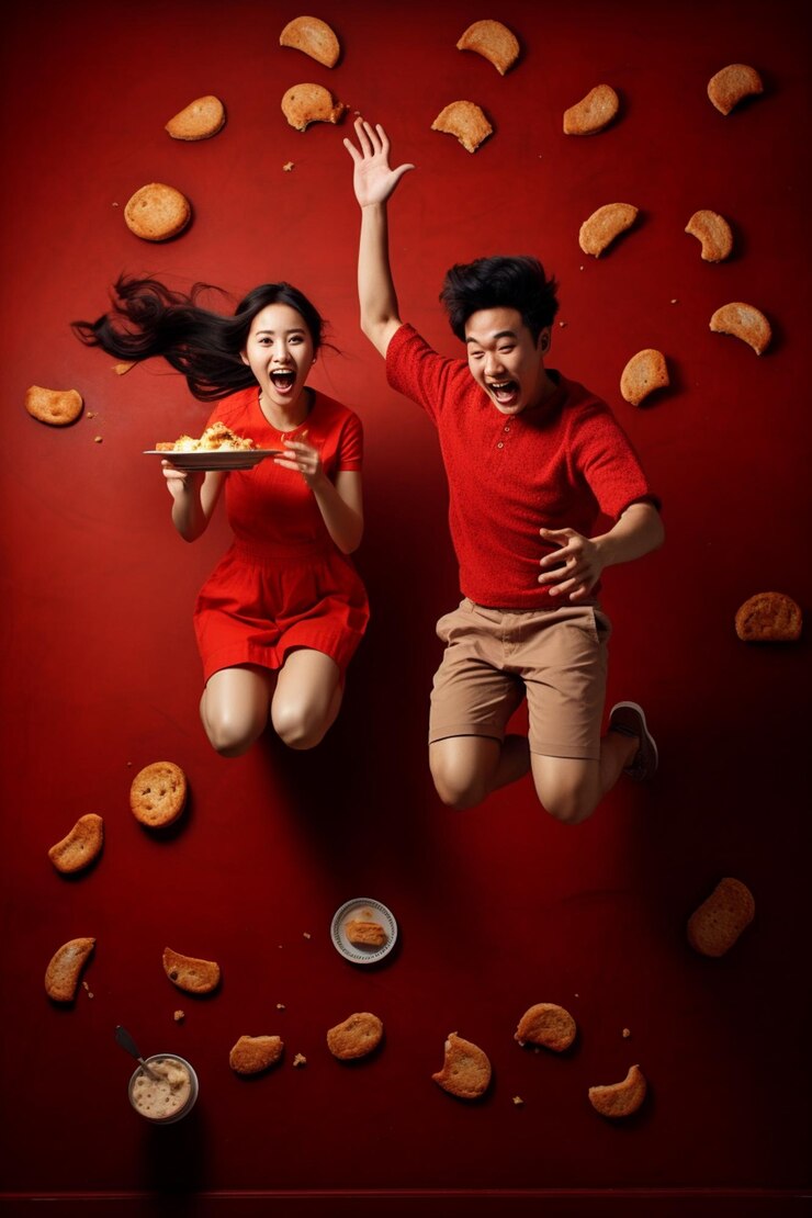 están saltando en el aire con una pizza y papas fritas en sus manos generativa ai
