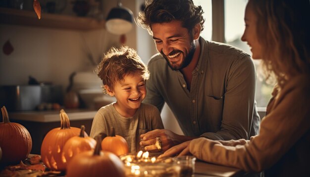 Están tallando calabazas atmósfera familiar con una cálida luz tenue