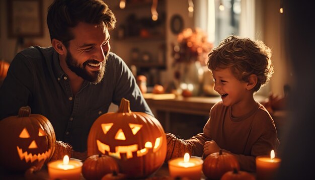 Foto están tallando calabazas atmósfera familiar con una cálida luz tenue