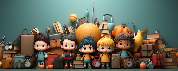 Foto un estandarte con accesorios de regreso a la escuela niños con mochila escolar van a la escuela en renderización 3d