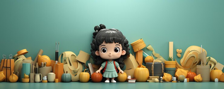 Foto un estandarte con accesorios de regreso a la escuela niños con mochila escolar van a la escuela en renderización 3d