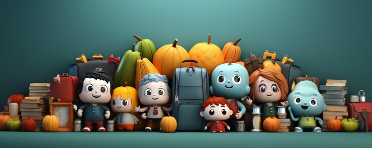 Foto un estandarte con accesorios de regreso a la escuela niños con mochila escolar van a la escuela en renderización 3d