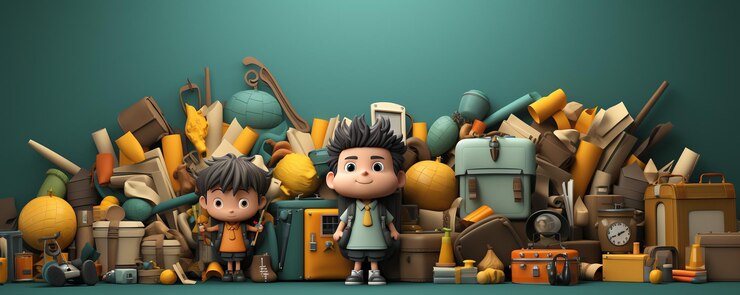 Foto un estandarte con accesorios de regreso a la escuela niños con mochila escolar van a la escuela en renderización 3d