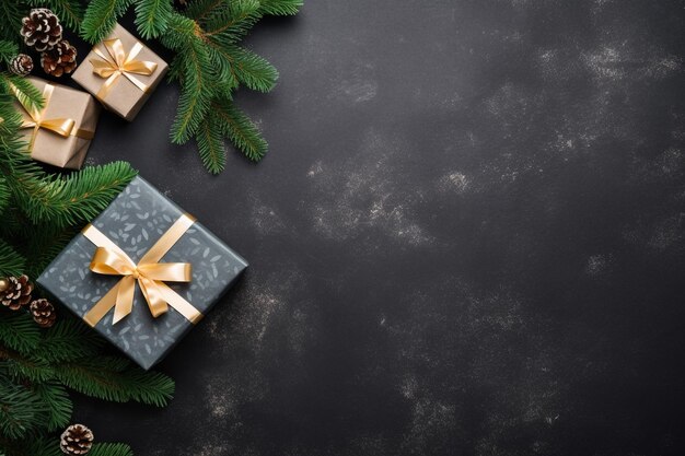 Estandarte de Año Nuevo con cajas de regalos de Navidad en fondo negro