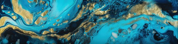 Estandarte de arte creativo con patrón de turquesa azul acrílico abstracto con polvo dorado hermosa textura de patrón de mármol de fantasía Estandarte ancho generado por IA