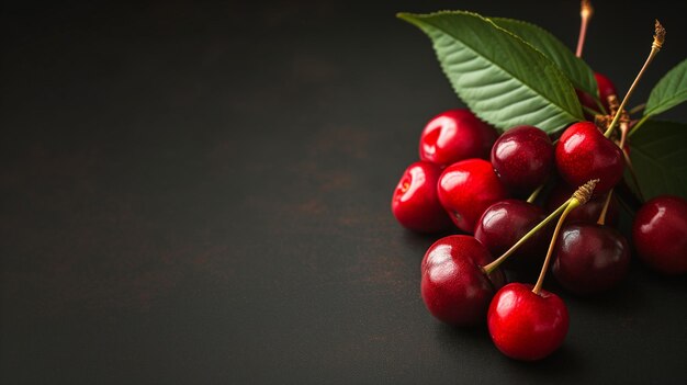 Un estandarte con bayas de cereza en un fondo negro Fondo oscuro con un espacio de copia de cereza