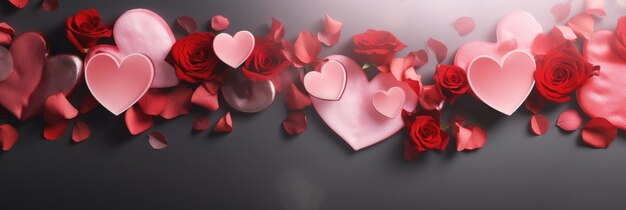 Estandarte de boda del día de San Valentín con abstractos corazones voladores rosados ilustrados de color rosa rojo en el fondo oscuro