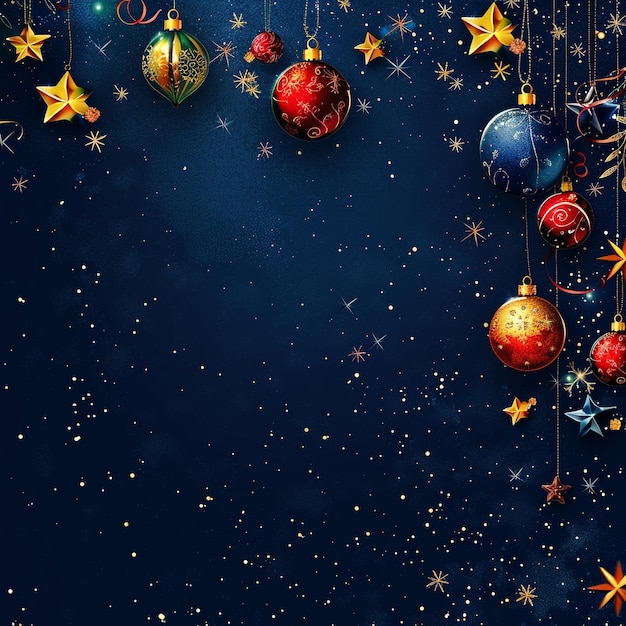 Foto estandarte con bolas de navidad estrellas en fondo azul oscuro