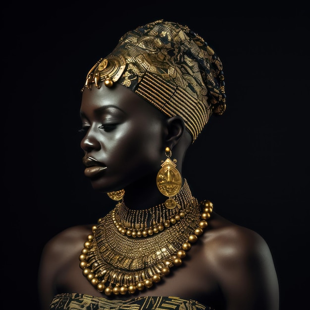 Estandarte de la cara de mujer africana de fantasía de belleza en pintura dorada Piel brillante dorada Generado por AI