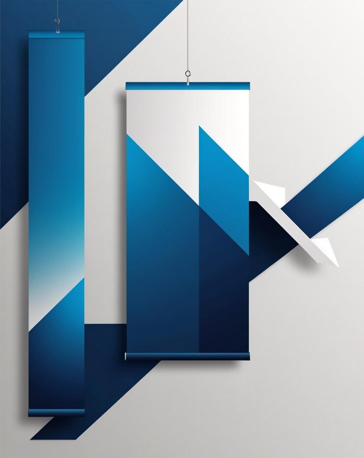 Estandarte de cartel azul con patrón Chevron en un fondo gris claro