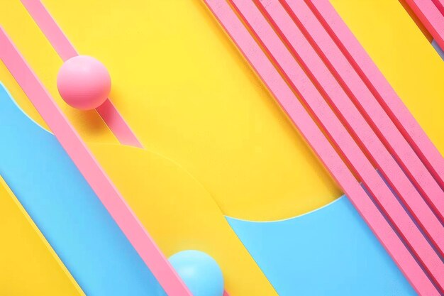Estandarte de cartel brillante fondo amarillo rayas y formas rosas y azules