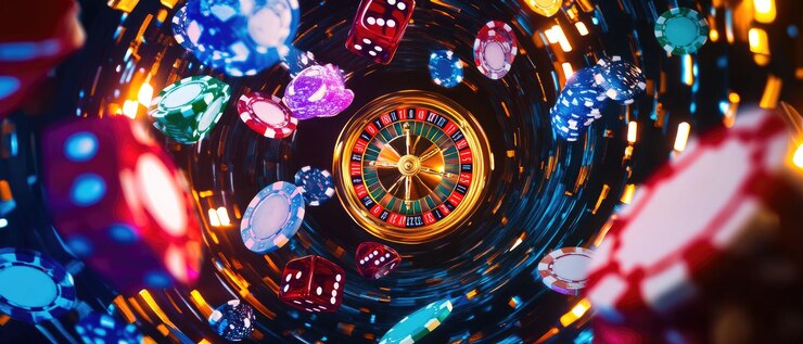 Estandarte del casino con fichas de póquer giratorias, cartas de juego, dados y máquinas tragamonedas doradas