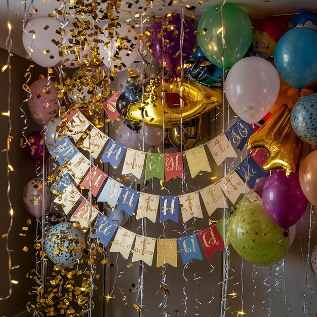 Foto estandarte de celebración con confeti dorado y globos