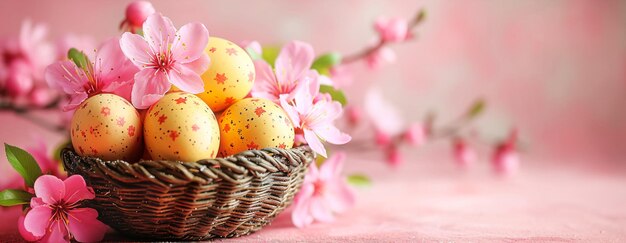 Estandarte de celebración de las vacaciones de Pascua estandarte de tarjeta de felicitación con huevos de Pascua y flores en un rosa