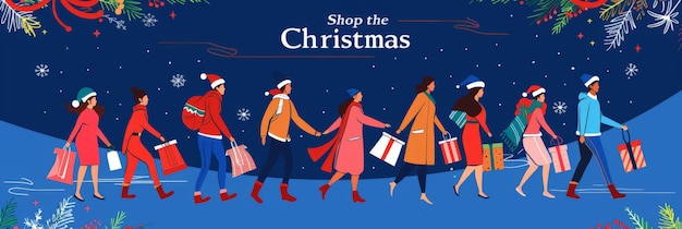 Estandarte de compras navideñas nocturnas con compradores