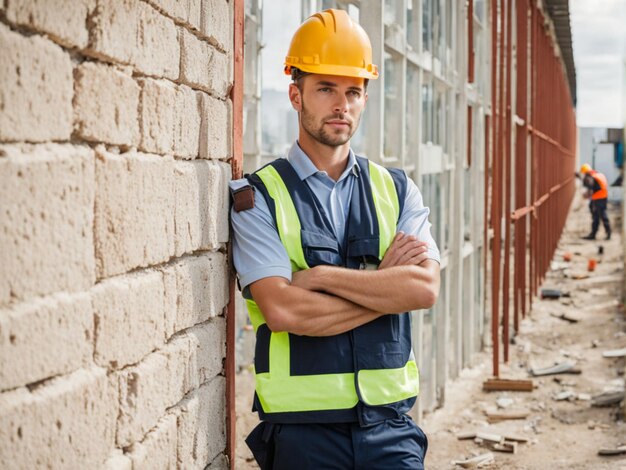 Foto estandarte para el día del trabajo con un ingeniero apoyado en la pared joven que trabaja en uniforme en la construcción