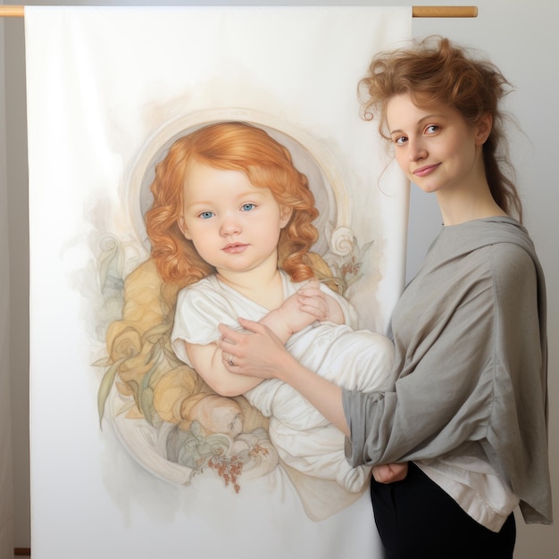 Foto estandarte dibujado con la pintura de nother y su bebé en fondo blanco