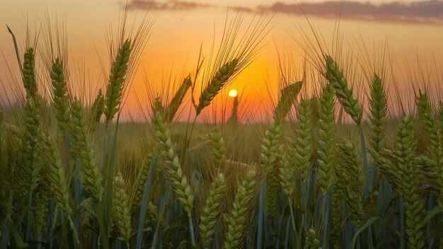 Estandarte dorado de las espigas maduras del campo de trigo al atardecer