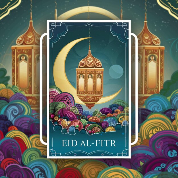 Foto estandarte de eid alfitr que destaca una linterna flotante muy bien ilustrada