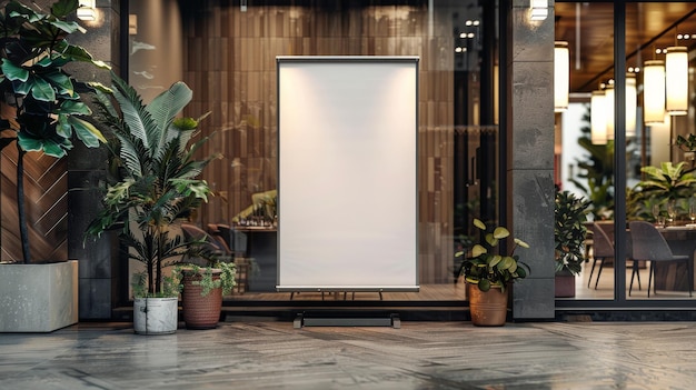 El estandarte enrollable en blanco está cerca de las plantas en maceta fuera del restaurante moderno con fachada de madera y vidrio