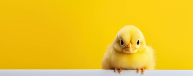 Foto estandarte con espacio para su texto con un pollo en un fondo amarillo estandarte de granja generado por ai