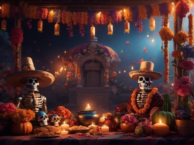 Estandarte del festival Dia de los Muertos con una calavera