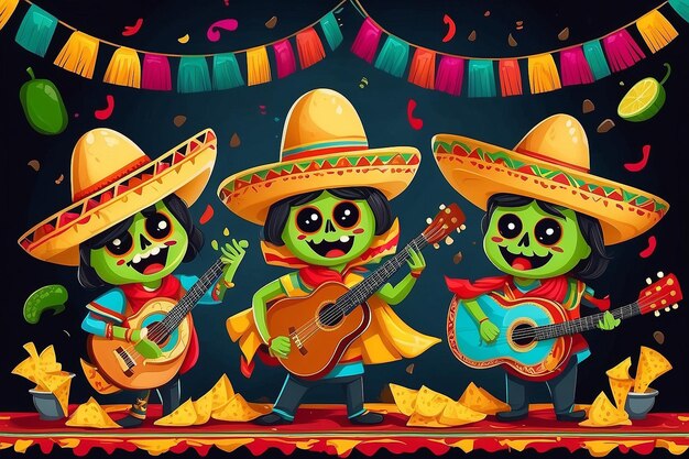 Estandarte de las fiestas mexicanas del Cinco de Mayo con personajes de músicos de Tex Mex nachos chips