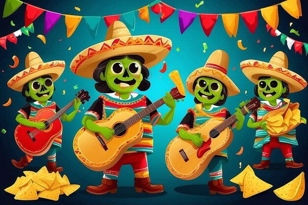 Estandarte de las fiestas mexicanas del Cinco de Mayo con personajes de músicos de Tex Mex nachos chips