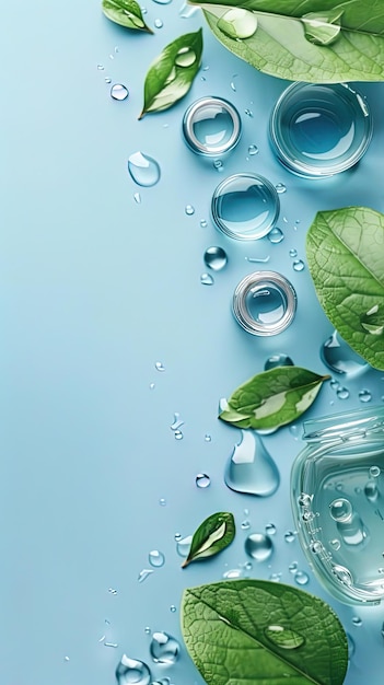 Foto un estandarte con un fondo azul claro gotas de agua y hojas verdes en el lado derecho