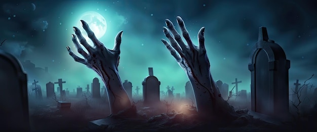 Estandarte de fondo de Halloween con mano de zombi no muerto por la noche con luna llena en un cementerio