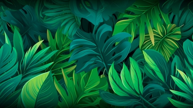 Estandarte de fondo de hojas tropicales con patrón floral verde Ilustración generativa de IA