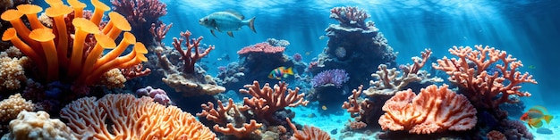 Estandarte horizontal con arrecife oceánico con corales coloridos peces tropicales y luz solar que fluye a través del agua del mar Ilustración de belleza del mundo submarino IA generativa