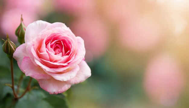 Estandarte horizontal con una rosa rosada en un fondo borroso hermosa naturaleza