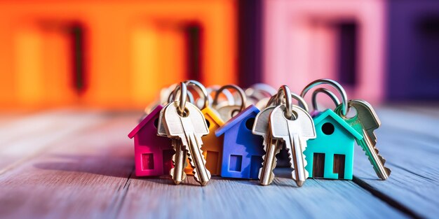 Estandarte con llaves de la casa en primer plano aislado en fondo de madera para comprar alquilar un apartamento