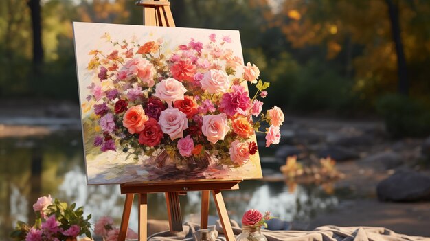 Estandarte lleno de flores en un parque al aire libre con lugar para el texto