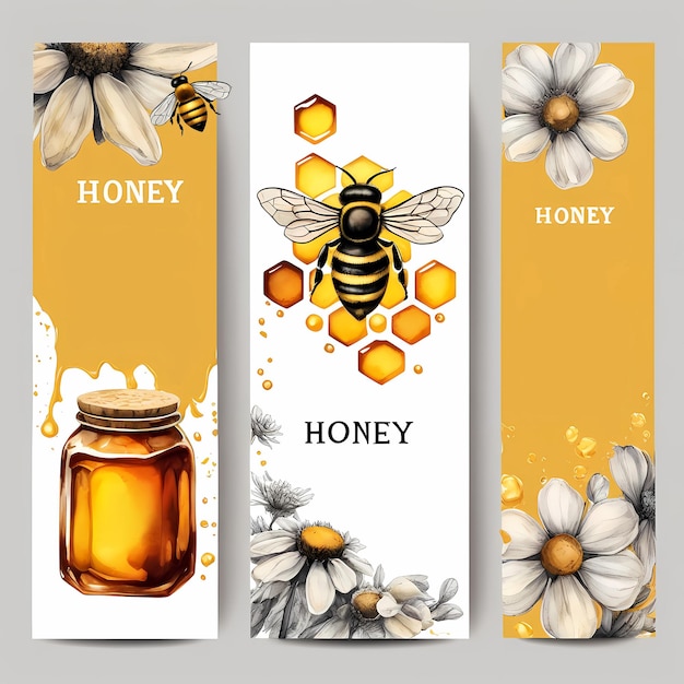 Estandarte con miel de flores silvestres Acuarela pintada a mano ilustración aislada sobre fondo gris