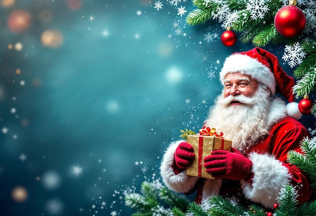 Estandarte navideño con espacio de copia para el texto cajas de regalos de Santa Claus ramas de abeto y adornos