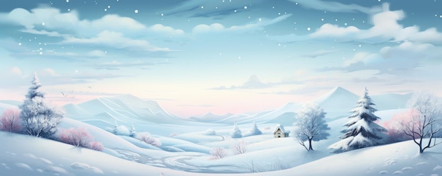 Estandarte navideño Ilustración pastel Paisaje de la temporada de invierno con árbol de Navidad y nieve Generativo ai