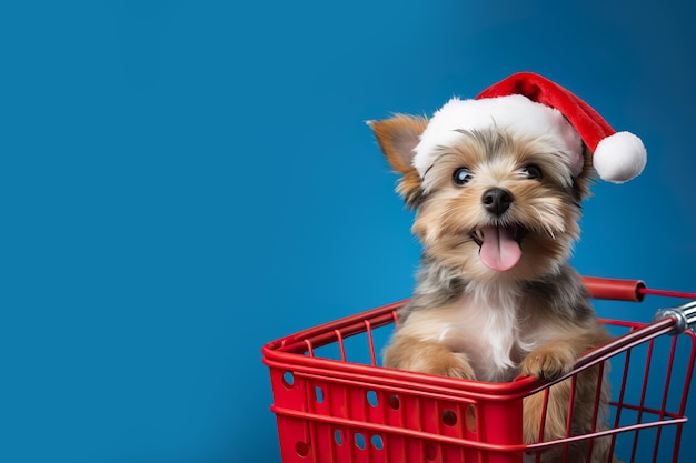 Estandarte navideño de la tienda de mascotas Perro con sombrero de Papá Noel carrito de compras en fondo azul espacio de copia