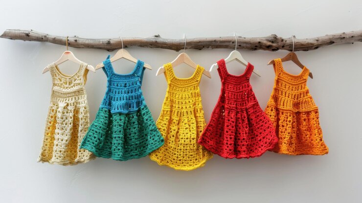 estandarte con niños vestido de ganchillo colgado en la pared en una percha de ropa hecho a mano ganchillo natural
