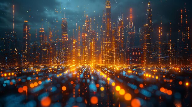 Estandarte nocturno de la ciudad con una representación 3D de grandes datos de una infraestructura futurista