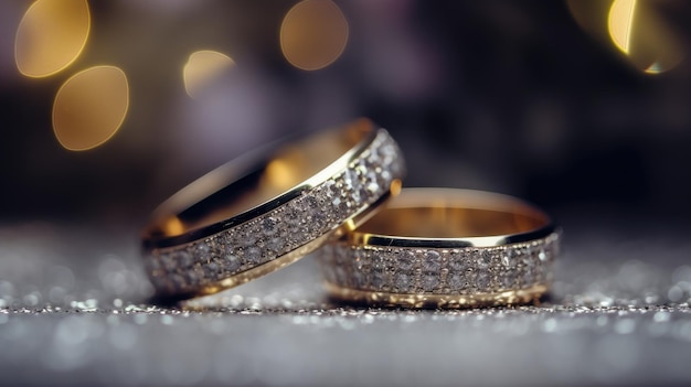 Estandarte panorámico de dos alianzas de boda de oro verticales que simbolizan el amor y el romance en un fondo de brillo texturizado con espacio de copia para su saludo o felicitación