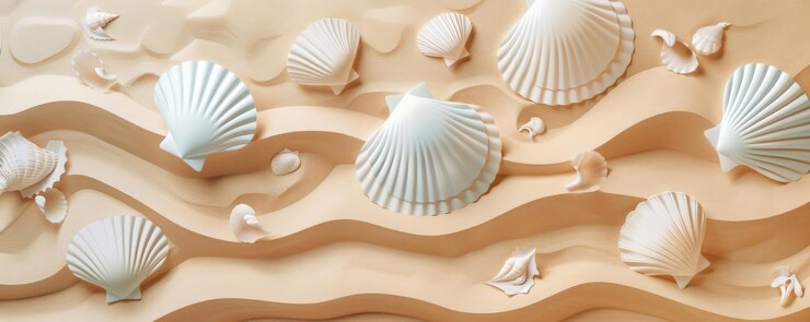 Foto un estandarte de papel recortado con patrones de conchas en capas en un fondo beige arenoso que crea una playa