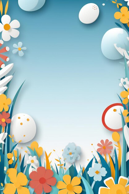 Estandarte de Pascua cortado en papel con huevos de colores, hierba y flores con espacio de copia vacío