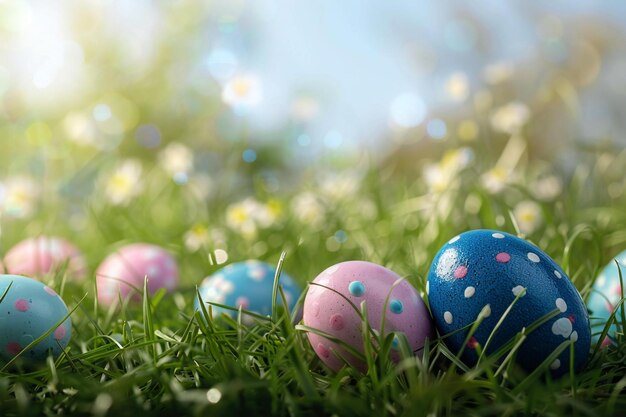 Estandarte de Pascua con espacio de copia huevos de Pascua azules y rosados en la hierba en un día soleado concepto de Pascua