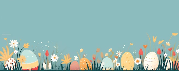 Estandarte de Pascua de estilo dibujos animados plano con huevos de colores, hierba y flores con espacio de copia vacío
