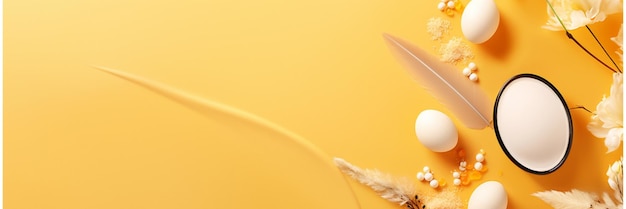 Estandarte de Pascua con huevos, plumas y flores sobre un fondo amarillo