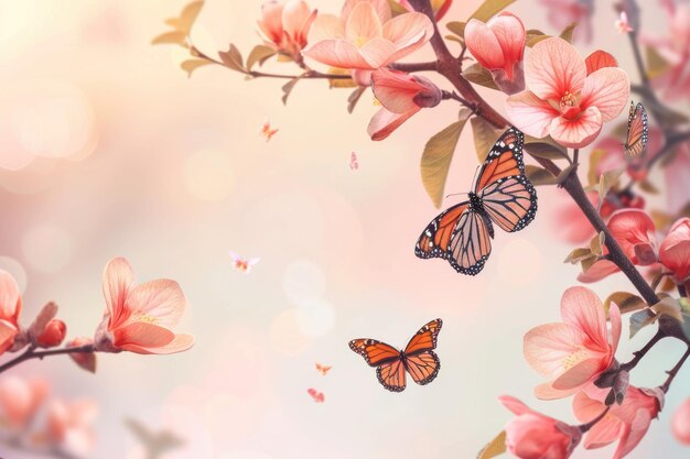 Foto estandarte de primavera con flores de quince japonés y mariposas monarca